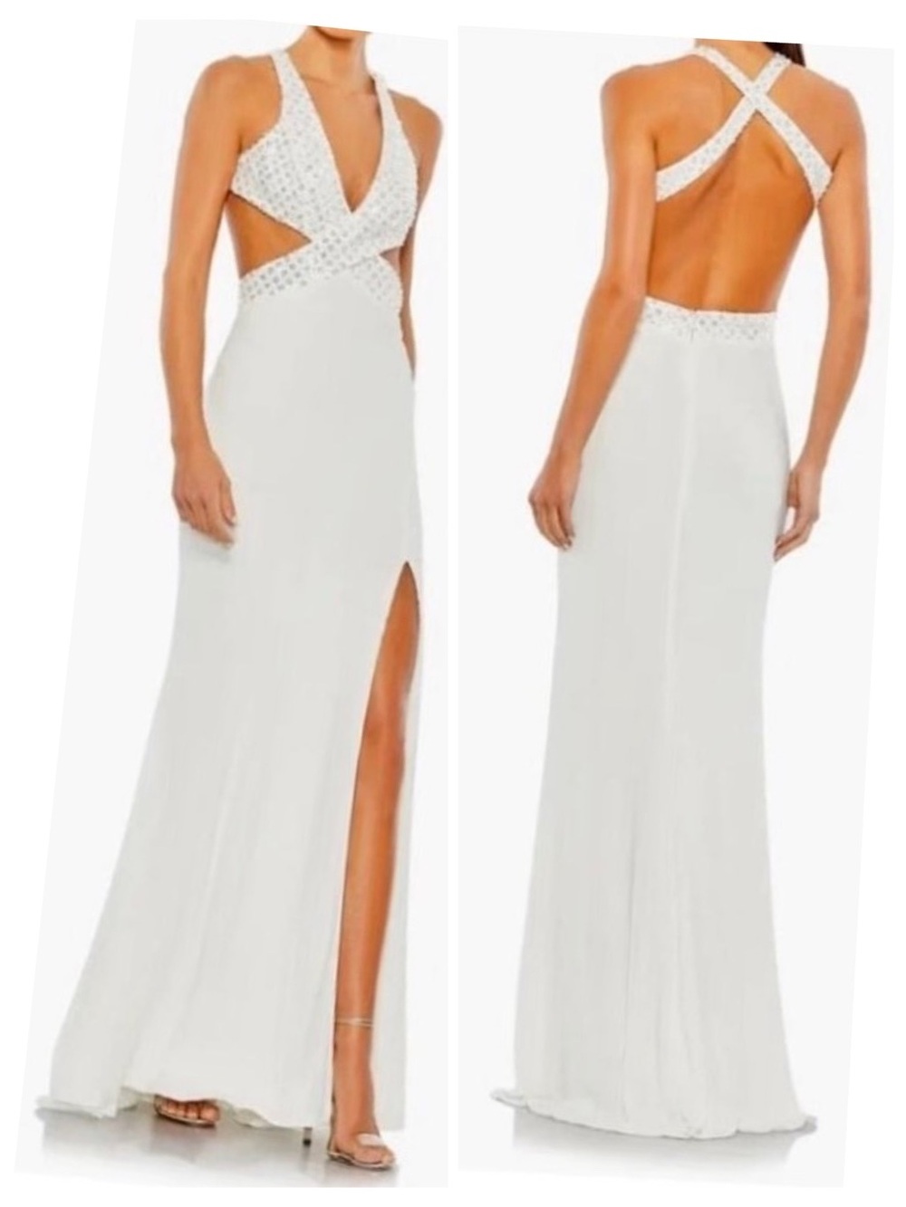 NWT Mac Duggal 68166 White Beaded Halter Cut-Out Floral Sequin Gown Size 12